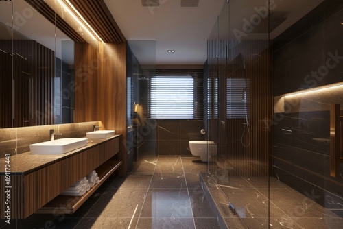 A trendy bathroom design with a detailed layout and contemporary elements features a modern space that combines aesthetic appeal with functional efficiency. © Thi