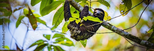 Lazy Sloth hanging tree branch Amazon rainforest slowly moving reach leaves surrounded the vibrant green canopy and the symphony of jungle sounds illustrating the slowpaced life of this unique mammal photo