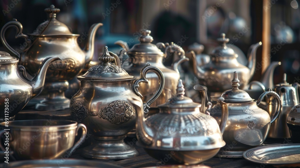 A collection of silver tea pots and cups are displayed on a table A collection of silver tea pots and cups are displayed on a table