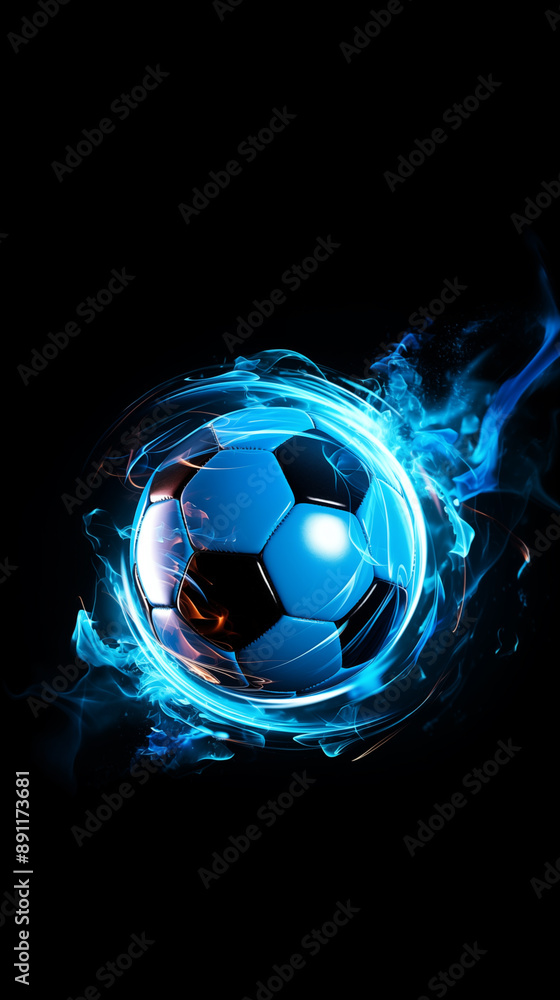 Naklejka premium Football ( Soccer ) blue ball on black background. Cool sport design