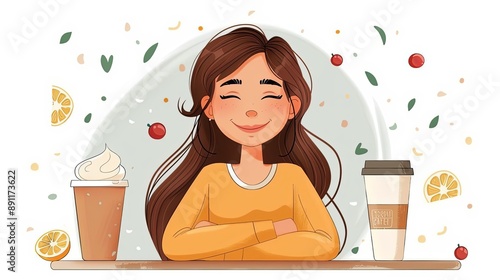 vector, illustration, flat, Happy girl eating pizza in cafe - cartoon woman with takeout food and drink sitting behind table and smiling. Isolated vector illustration on white background photo