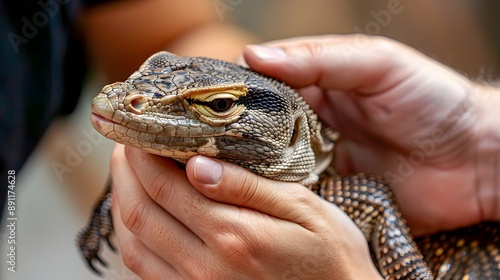 Petting a Savannah Monitor: Hands petting the rough skin of a savannah monitor lizard, with the lizard exploring a person's lap.
