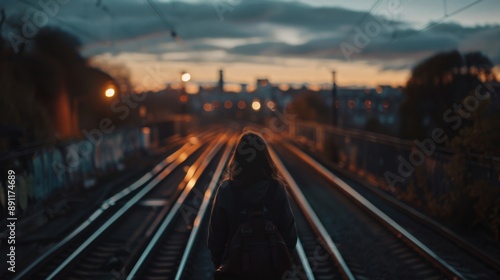Fototapeta Naklejka Na Ścianę i Meble -  Person walking along railway tracks at sunset with city skyline in background. Beautiful evening sky and cityscape scenery.