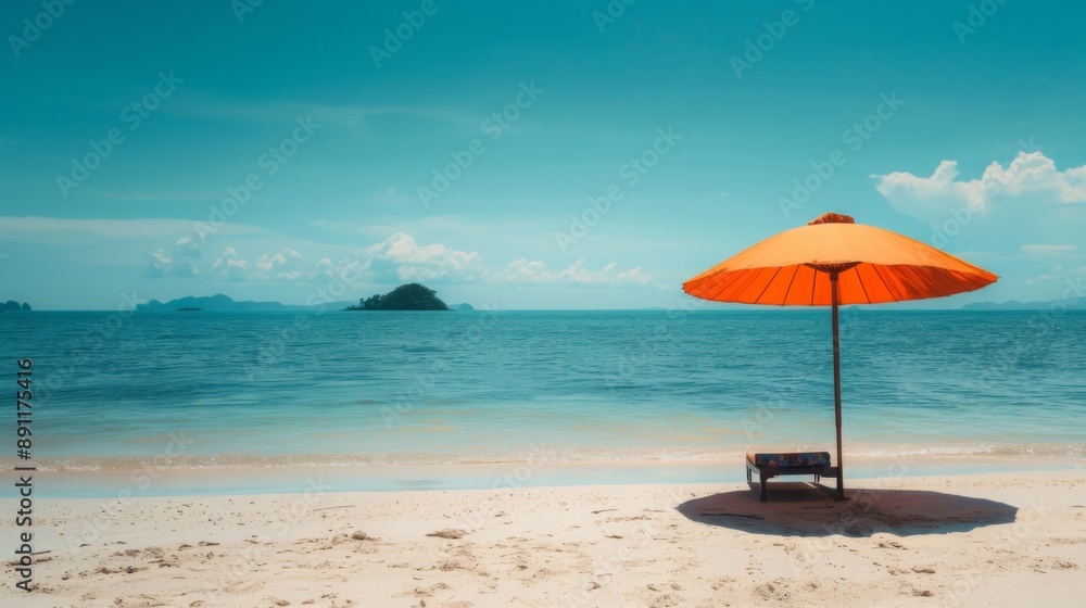 Orange Beach Umbrella with Lounge Chair Facing Calm Blue Ocean Under Clear Sky, Perfect for a Relaxing Summer Vacation Orange Beach Umbrella with Lounge Chair Facing Calm Blue Ocean Under Clear Sky, Perfect for a Relaxing Summer Vacation