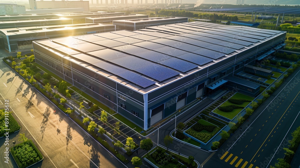 Modern Factory Complex with Solar Panels and Eco-Friendly Landscaping Modern Factory Complex with Solar Panels and Eco-Friendly Landscaping
