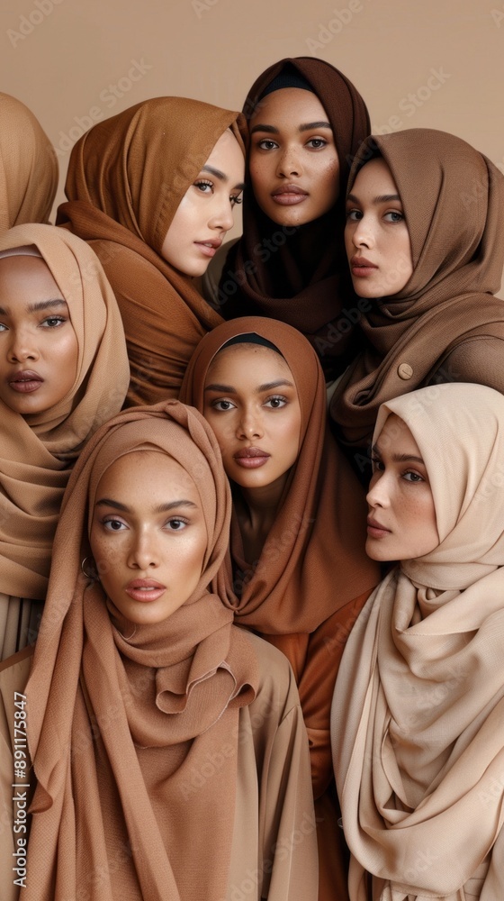 A group of women wearing brown hijabs are lined up A group of women wearing brown hijabs are lined up