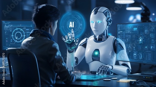 A person interacting with a robotic AI, futuristic technology or machine learning concepts.