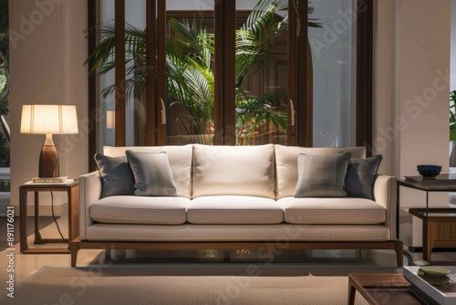 A charming sofa with a well-planned design and cozy atmosphere features a piece of furniture that combines aesthetic appeal with functional comfort.