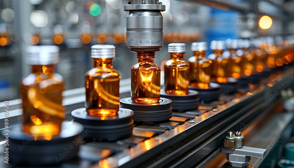 Production line of the pharmaceutical factory. CNC automatic production line. Industrial background Production line of the pharmaceutical factory. CNC automatic production line. Industrial background