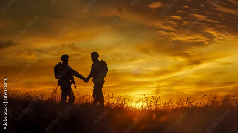 Two soldiers shaking hands during sunset in a field Two soldiers shaking hands during sunset in a field