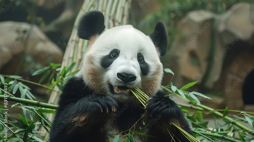 Fototapeta premium Adorable Panda Enjoying a Bamboo Feast