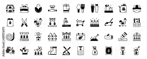 Farming Icon Set Black Fill Style, Vector Illustration