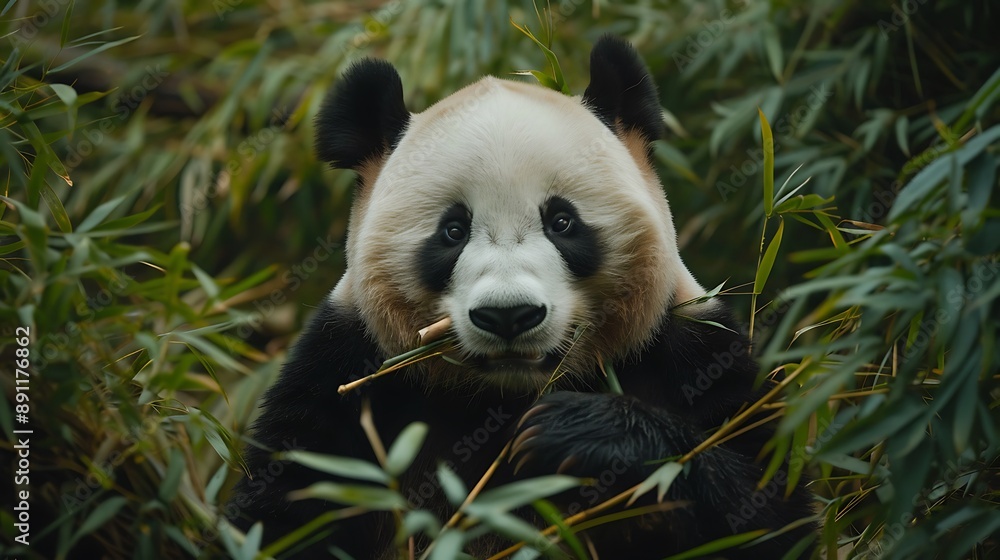 Fototapeta premium Adorable Panda Enjoying a Bamboo Feast