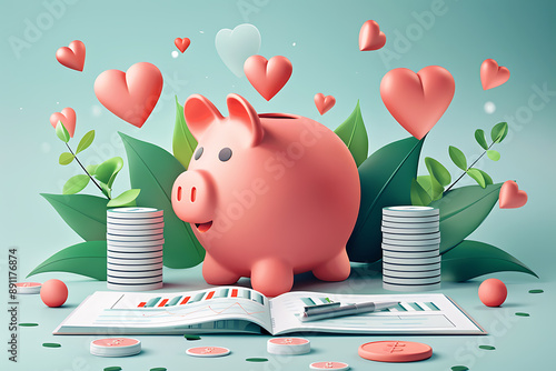 A pink piggy bank surrounded by hearts and financial documents, illustrating the connection between love and financial planning.