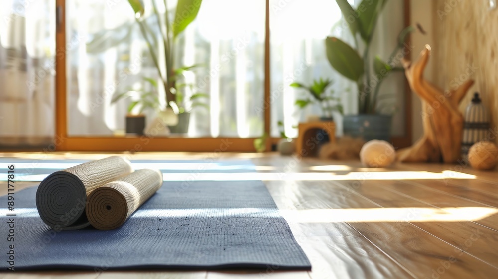 Yoga mat and props set up in a peaceful studio ready for practice Yoga mat and props set up in a peaceful studio ready for practice