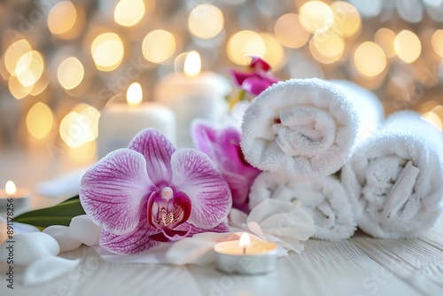 SPA setting with flowers, orchid, candle or towel on wooden table in massage room. Modern SPA salon