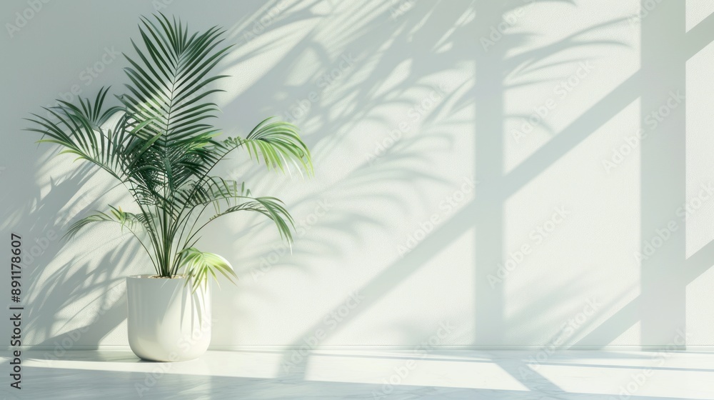 The interior of the room with white wall hanging plants is illuminated by sunlight The interior of the room with white wall hanging plants is illuminated by sunlight