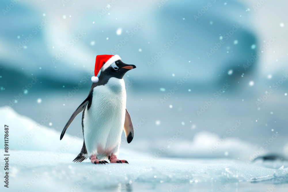 A penguin wearing a Santa hat stands on snowy ground. The scene is festive with snowflakes falling and a wintery background, creating a cheerful Christmas atmosphere A penguin wearing a Santa hat stands on snowy ground. The scene is festive with snowflakes falling and a wintery background, creating a cheerful Christmas atmosphere