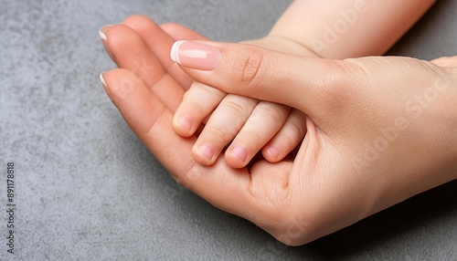 Female Adult hand Holding Small Newborn Hand - Grown Up offering Palm to Baby - Little Child holding Fingers of Mother - Adoption, Parenthood, Family, Parenting, Generation, Protection, Trust, Support