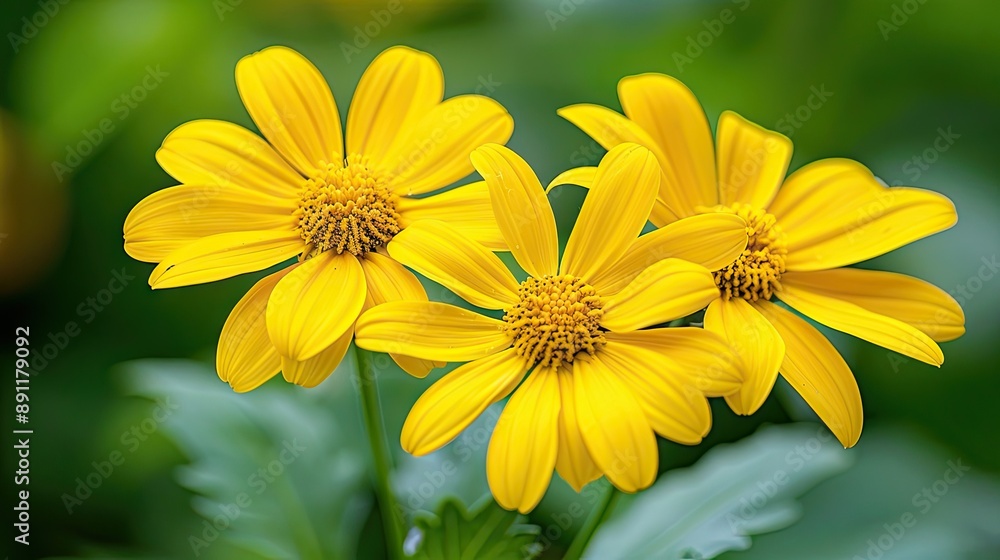 Three vibrant yellow flowers blooming in lush greenery Three vibrant yellow flowers blooming in lush greenery