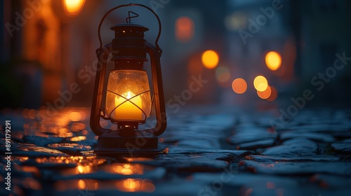 A vintage street lantern illuminated against a dark night sky, with its soft glow lighting up a cobblestone street or pathway. © Lamina