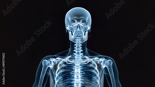 X-Ray of a Full Skeleton: Complete X-ray image of a human skeleton in an upright position.
