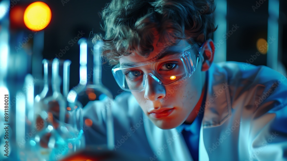 A high school student working on a chemistry experiment with safety goggles. A high school student working on a chemistry experiment with safety goggles.