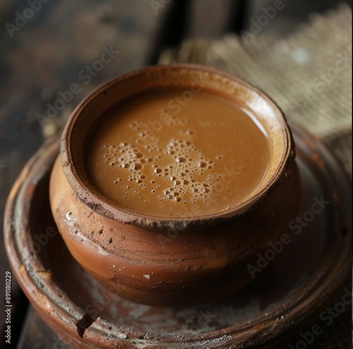 mishti doi brown in color in a clay pot that is wide like a cake photo