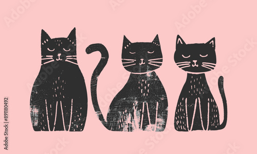 Linocut style black cats isolated on background, doodle, transparent background
