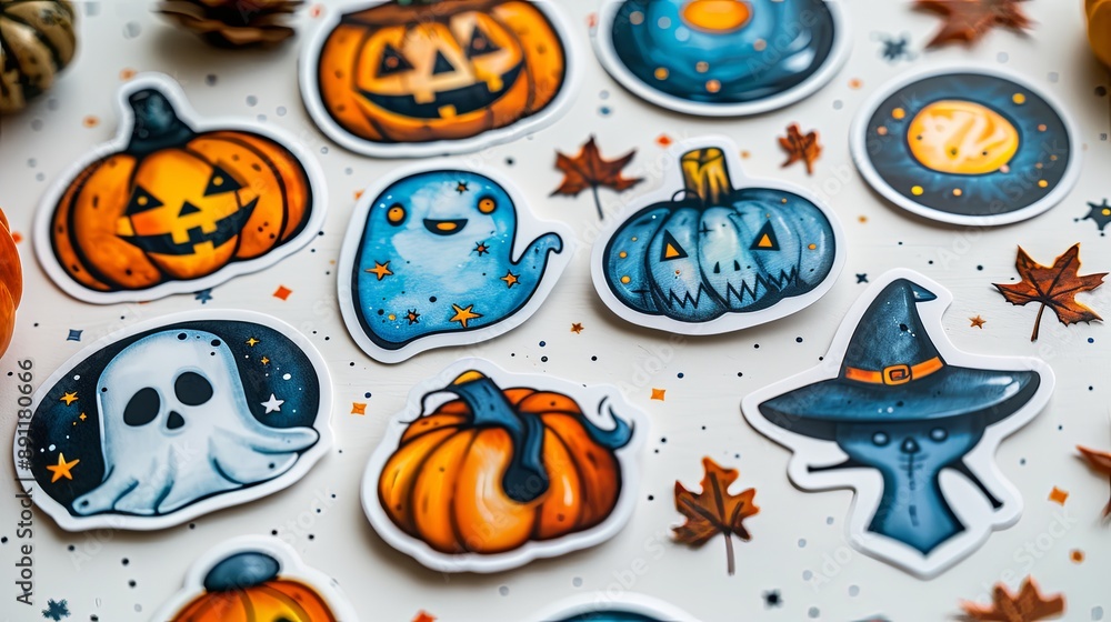 Fototapeta premium vector, illustration, flat, Halloween stickers set elements, hand drawn scary illustration. Cute badge collection with pink broom, spooky pumpkin, mummy and horror calligraphy. Creepy holiday symbols.