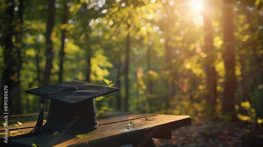 Naklejka premium A mortarboard and tassel placed on a picnic table in a forest, with sunlight filtering through the trees.