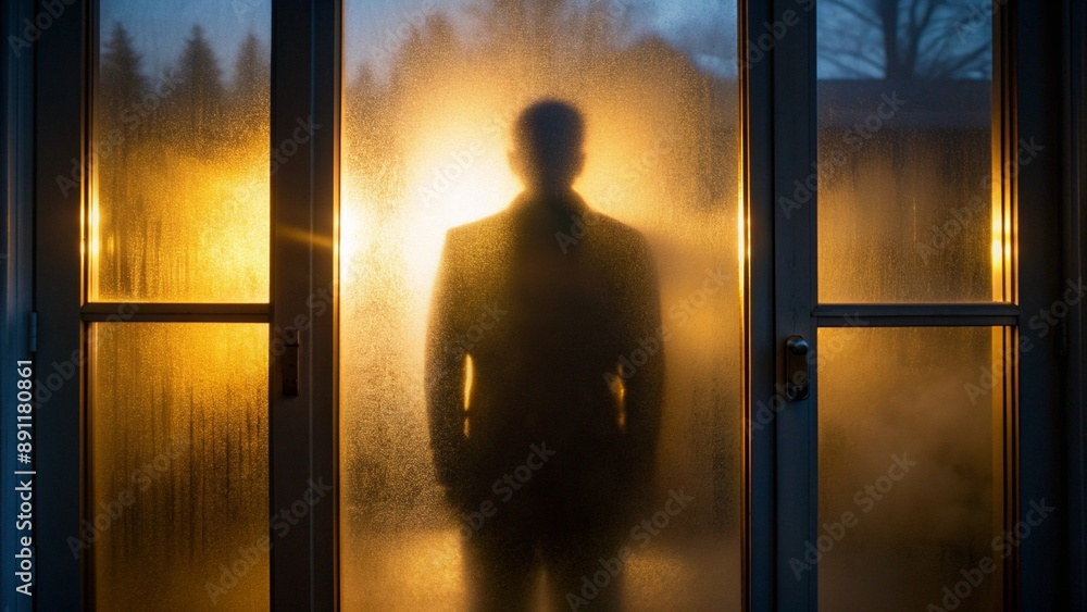 A shadowy figure seen through a frosted glass door, the outline barely discernible in soft evening light. A shadowy figure seen through a frosted glass door, the outline barely discernible in soft evening light.