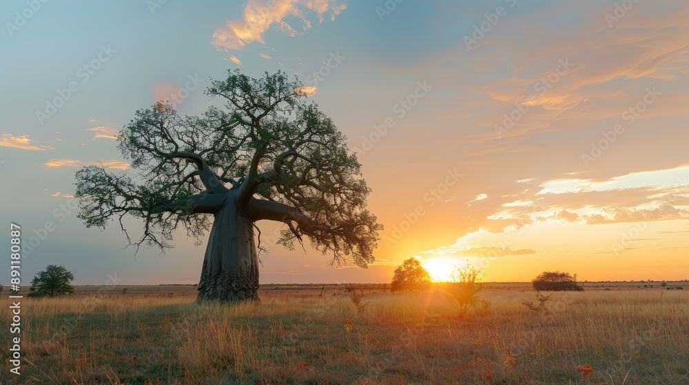 Naklejka premium Solitary Baobab at Sunset. Generative AI