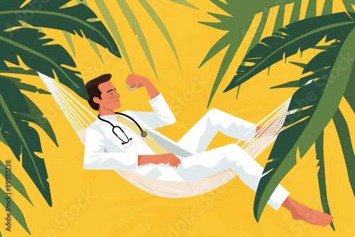 A doctor relaxing in a hammock with a stethoscope photo