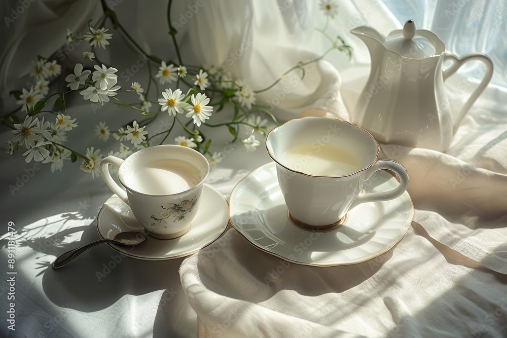 Classic english breakfast with tea and milk, a traditional morning meal in england Classic english breakfast with tea and milk, a traditional morning meal in england