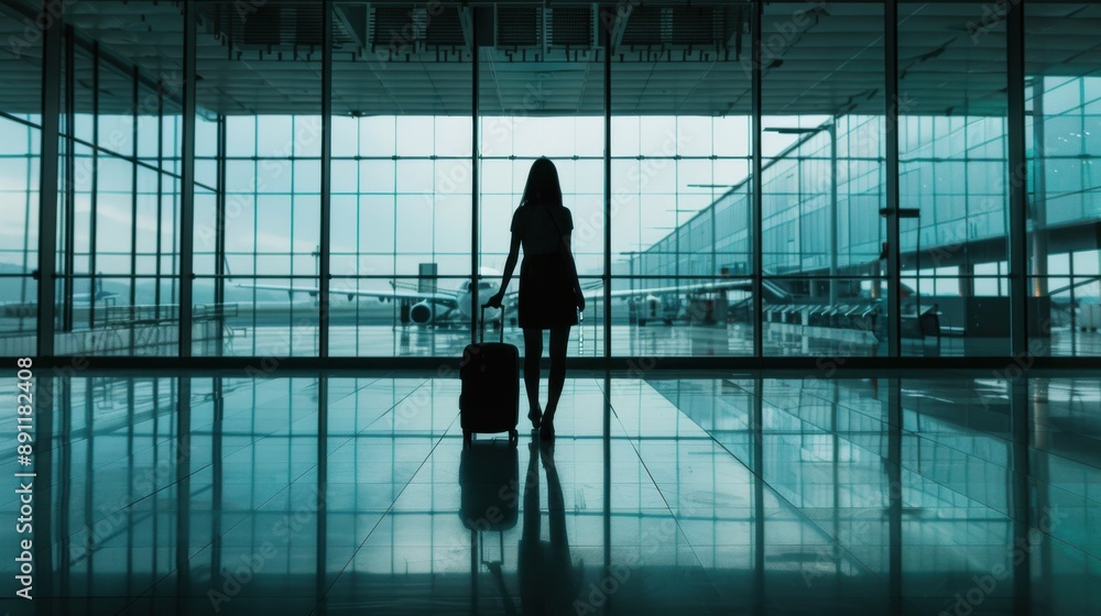 Woman walking through the airport terminal with a suitcase ready for her flight Woman walking through the airport terminal with a suitcase ready for her flight