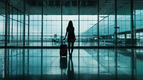 Woman walking through the airport terminal with a suitcase ready for her flight