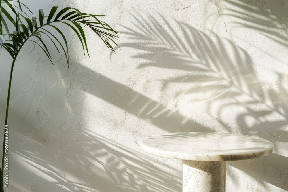 Luxury marble table with plant shadow on white wall for product placement display. Modern minimal interior design with trendy neutral aesthetic for beauty cosmetics scene - generative ai Luxury marble table with plant shadow on white wall for product placement display. Modern minimal interior design with trendy neutral aesthetic for beauty cosmetics scene - generative ai