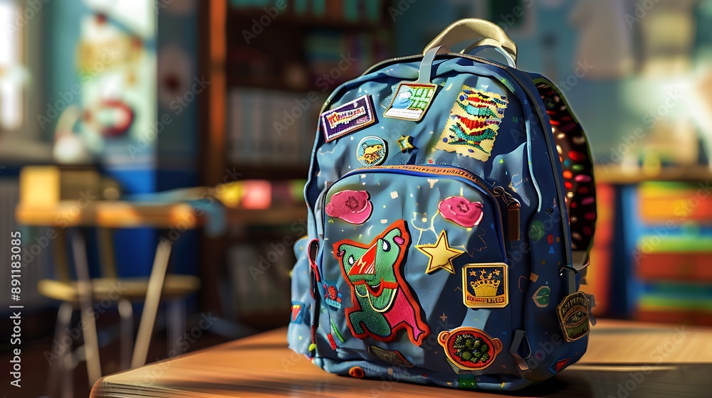 A school backpack decorated with patches from various clubs and activities, resting on a student's desk. A school backpack decorated with patches from various clubs and activities, resting on a student's desk.
