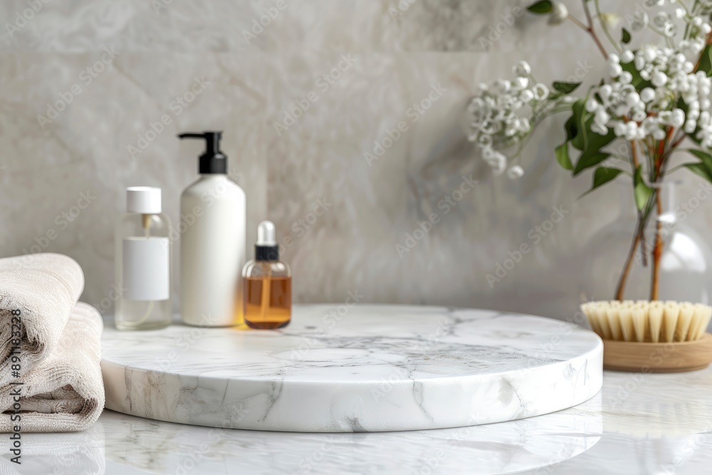Marble white round podium for bathing products in bathroom, spa shampoo, shower gel, liquid soap. Place, background for cosmetics. Front view. Copy space - generative ai Marble white round podium for bathing products in bathroom, spa shampoo, shower gel, liquid soap. Place, background for cosmetics. Front view. Copy space - generative ai
