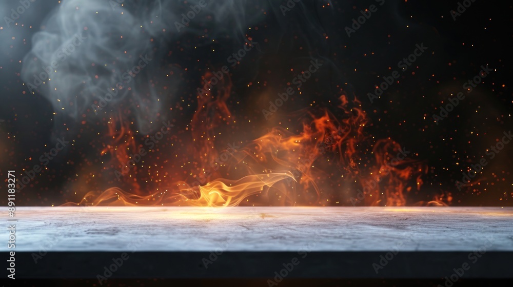 Table with burning fire sparks and smoke on dark background Table with burning fire sparks and smoke on dark background