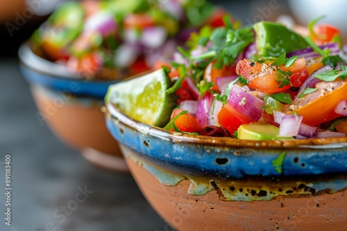 A close-up of a vibrant tomato salsa in rustic bowls, garnished with cilantro and lime.