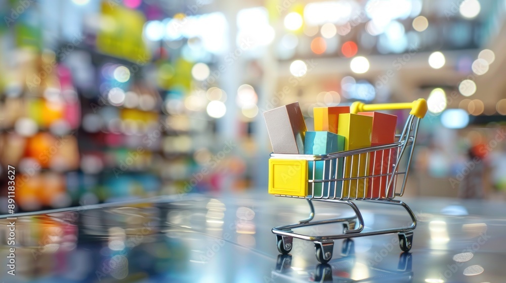 Shopping cart with store background Shopping cart with store background