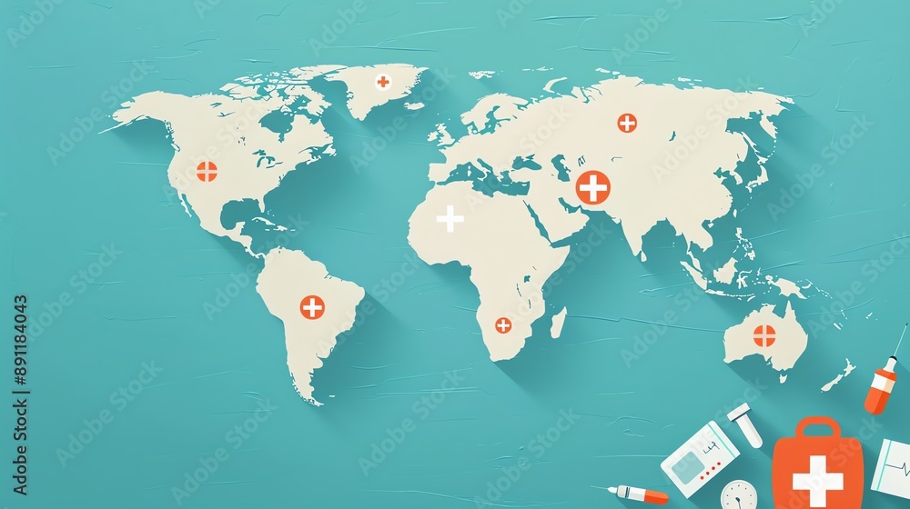Global health, medical symbols and world map, flat design illustration Global health, medical symbols and world map, flat design illustration