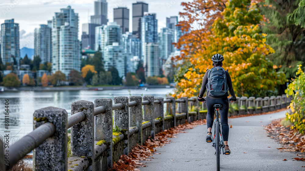 Fototapeta premium woman biking along the seawall in Stanley Park