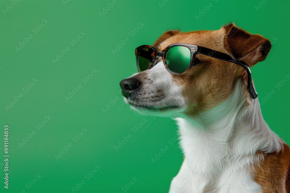 Cool dog wearing sunglasses poses against green background Cool dog wearing sunglasses poses against green background