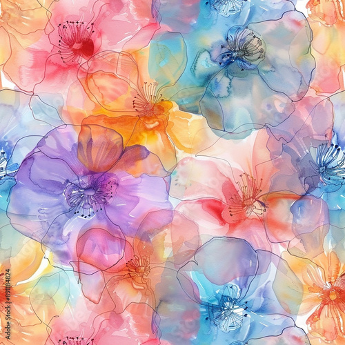 The watercolor seamless nondirectional pattern of flowers offers a mesmerizing display of delicate beauty and artistic allure. Each flower, lovingly rendered in soft,Generative Ai Illustratrions. photo