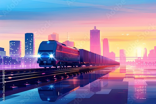 Illustration of Logistic Train with City Skyline photo