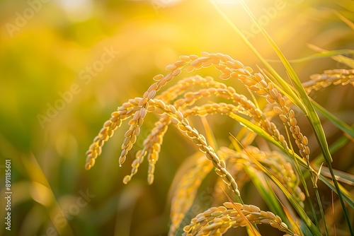 Close-Up of Paddy Plant with Golden Grains photo