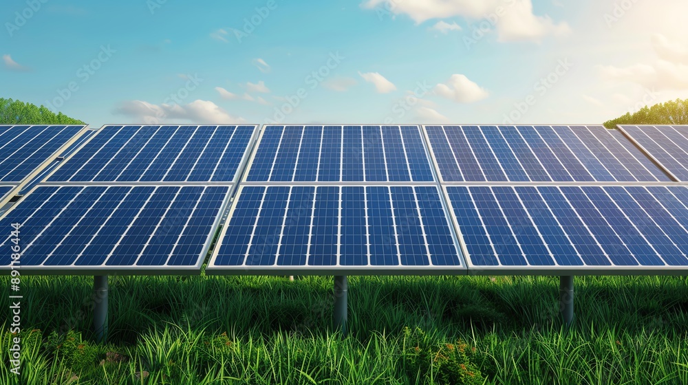 Solar farm, rows of solar panels, flat design illustration Solar farm, rows of solar panels, flat design illustration